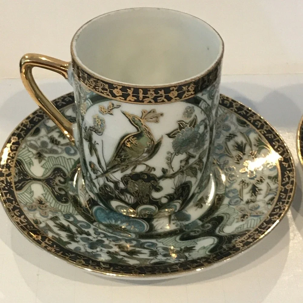 Lot of 2 Vintage‎ Porcelain Japanese Green and Gold Peacock Demitasse Tea Cups